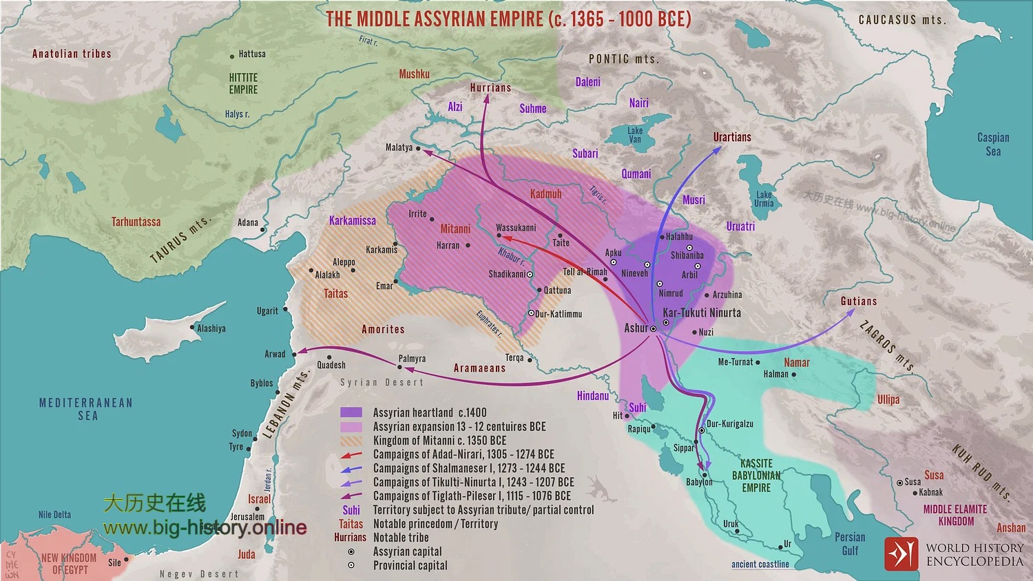 中亚述王国的势力范围和历任国王进军路线