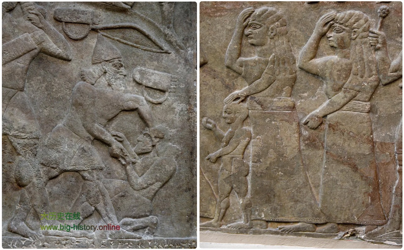 亚述士兵屠杀俘虏，俘获敌人的妇女和儿童的画面