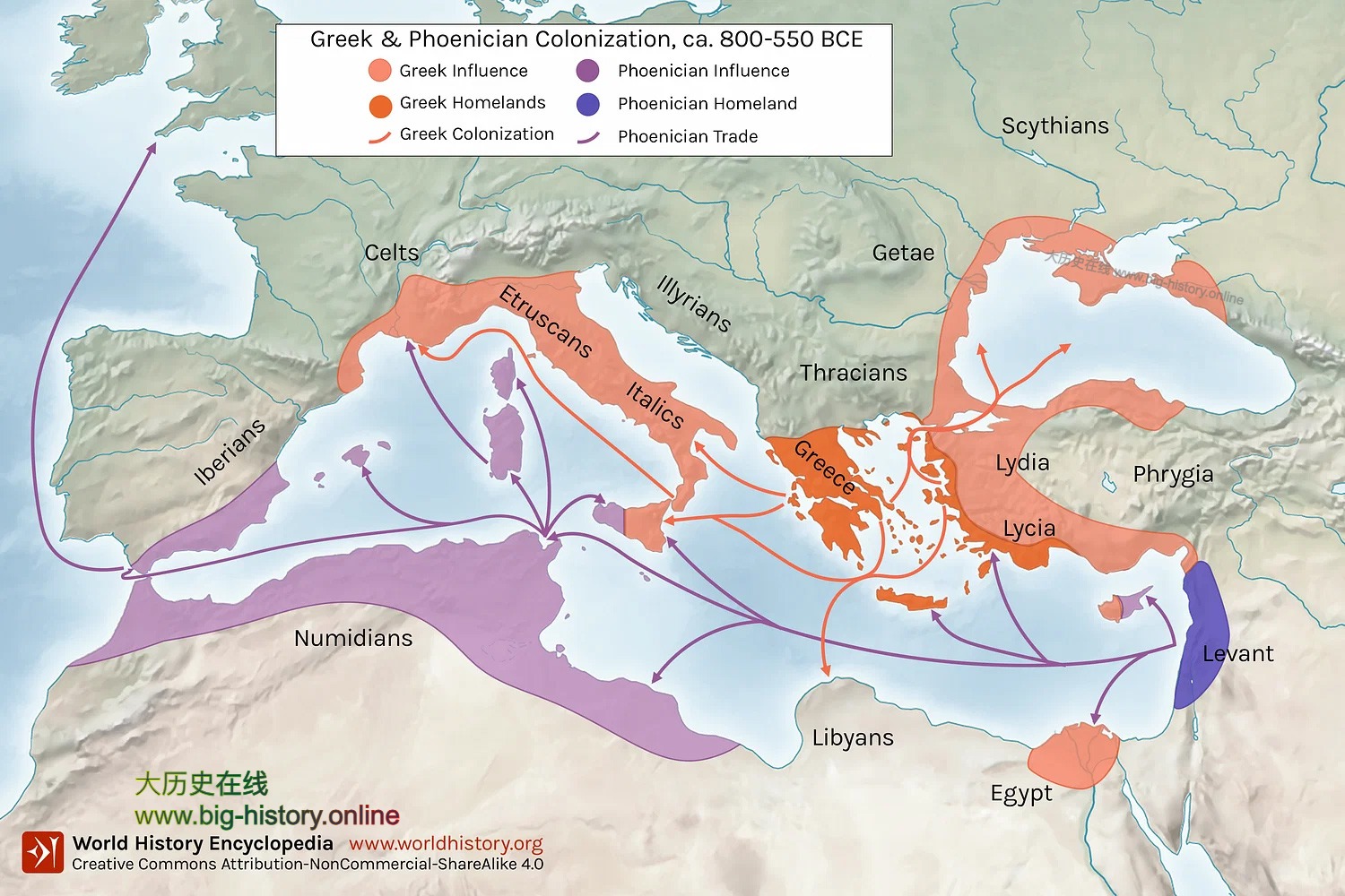 公元前800年到前550年之间，希腊及其殖民城邦的范围